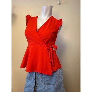Monteau Red Wrap-Style Sleeveless Ruffle Top Tie Waist & Peplum Medium